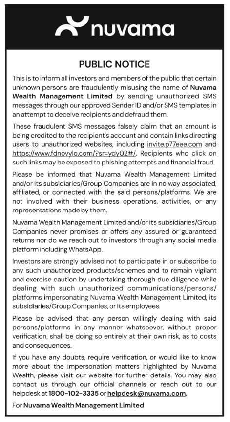 Nuvama Wealth Management Public Notice Against Fraudulent SMS