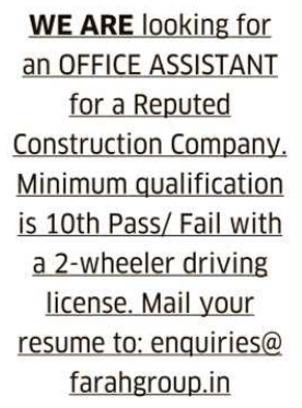 Office Assistant Vacancy at Farah Group Construction Company