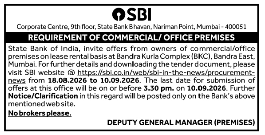 Office Premises Requirement Tender Notification by State Bank of India Mumbai