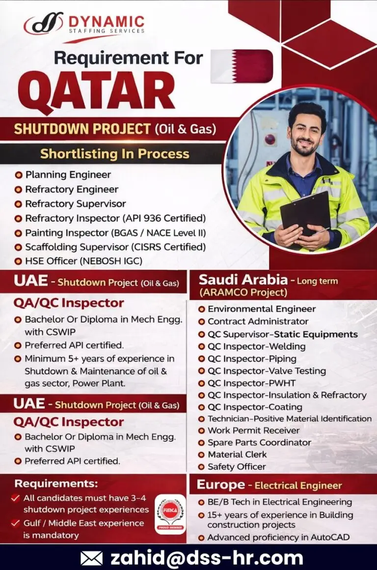 OIL & GAS SHUTDOWN JOBS: QATAR, UAE, SAUDI ARABIA, AND EUROPE