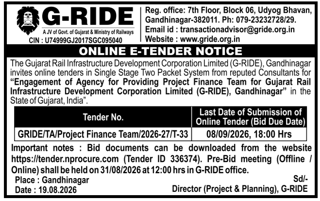 Online E-Tender Notice for Project Finance Team Engagement by G-RIDE