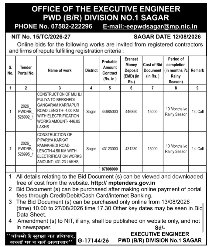 Online NIT for Road Construction and Electrification Works by PWD