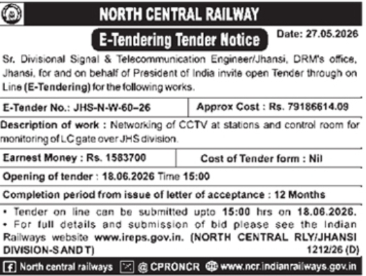 Online Tender Notice for North Central Railway Jhansi