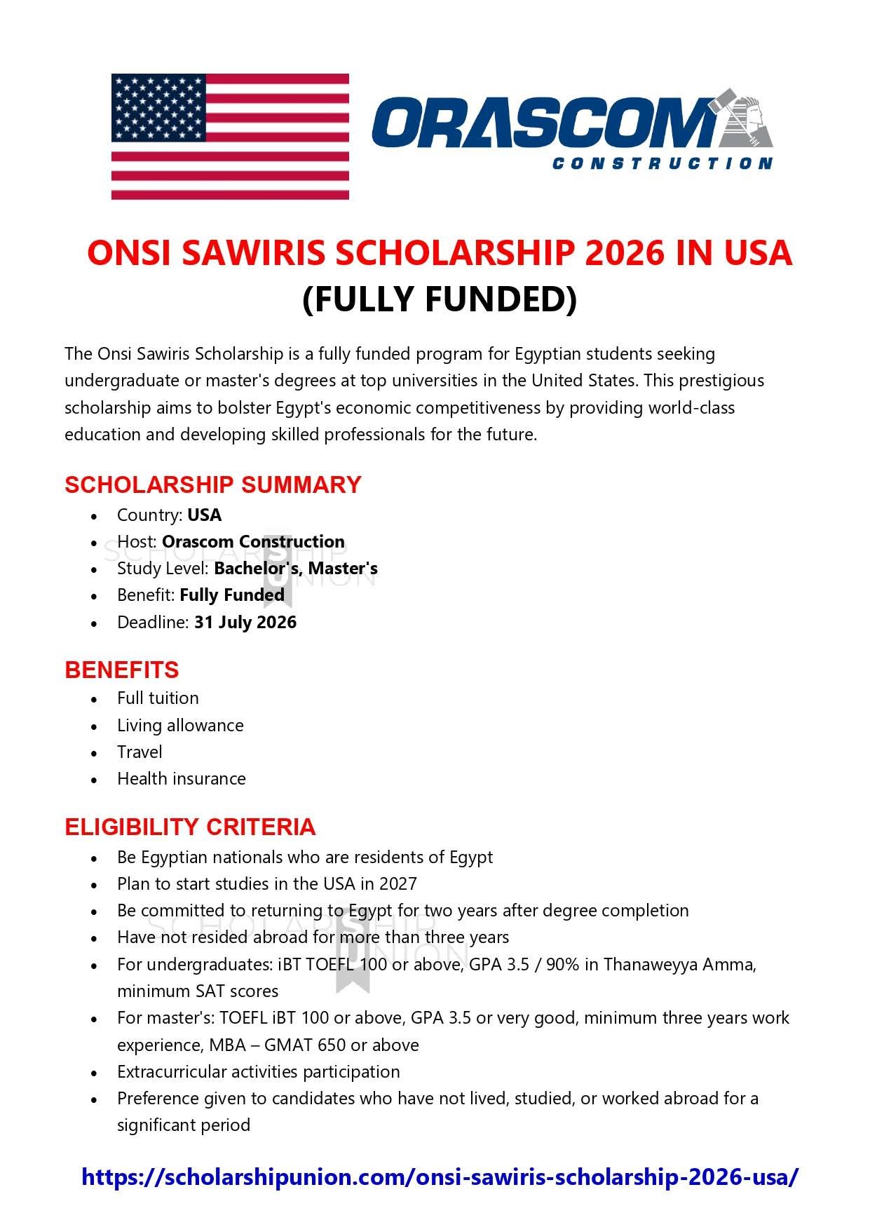 Onsi Sawiris Scholarship 2026 in USA