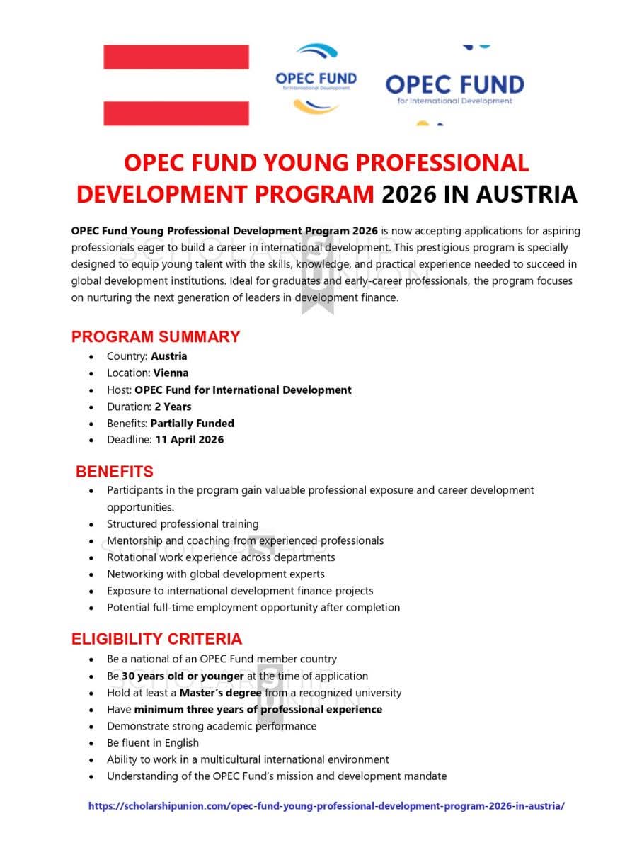 OPEC Fund Young Professional Development Program (YPDP) 2026 in Austria