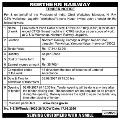 Open E-Tender Notice for Porta Cabin Provision by Northern Railway