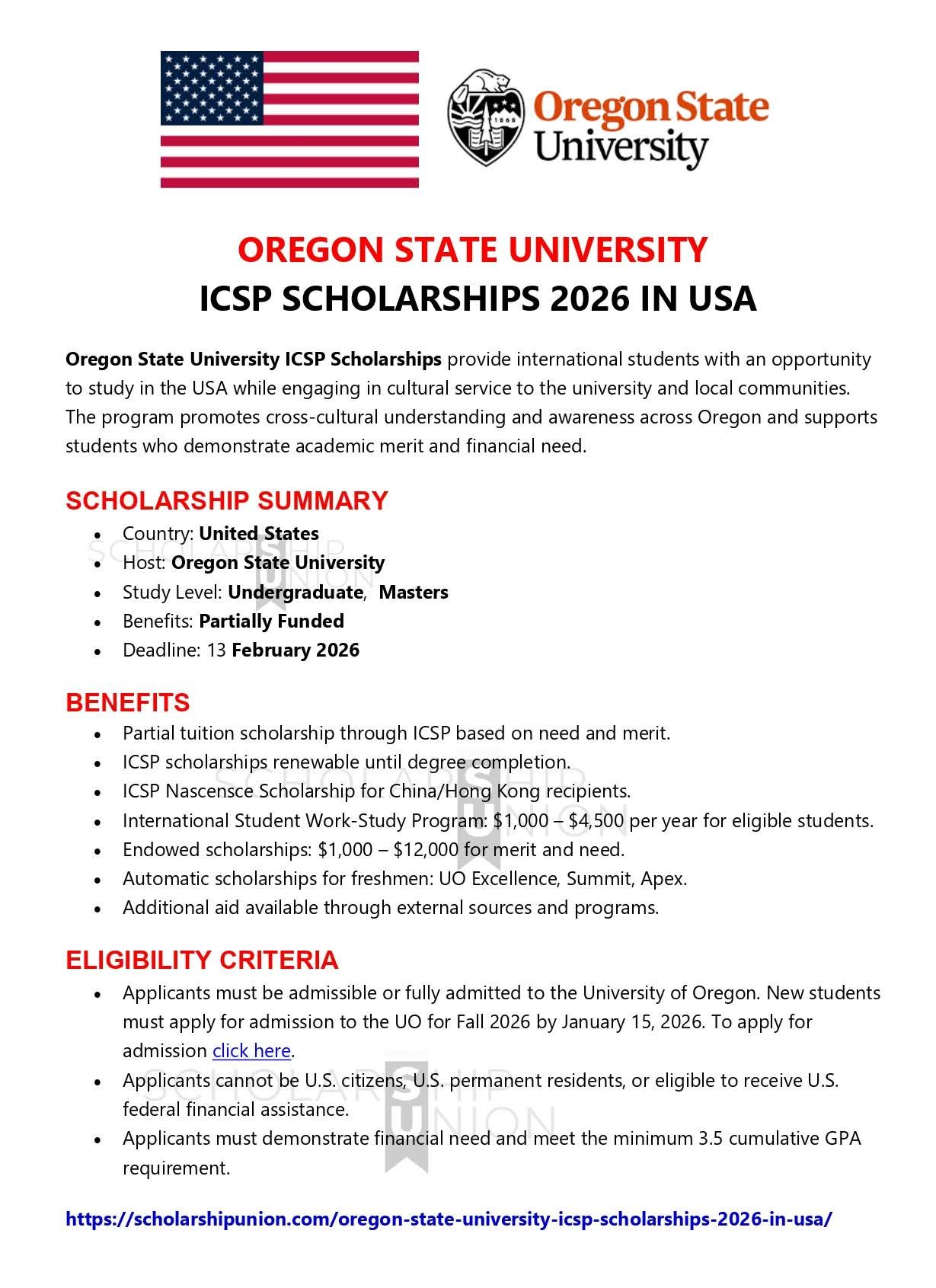 Oregon State University ICSP Scholarships 2026 in USA