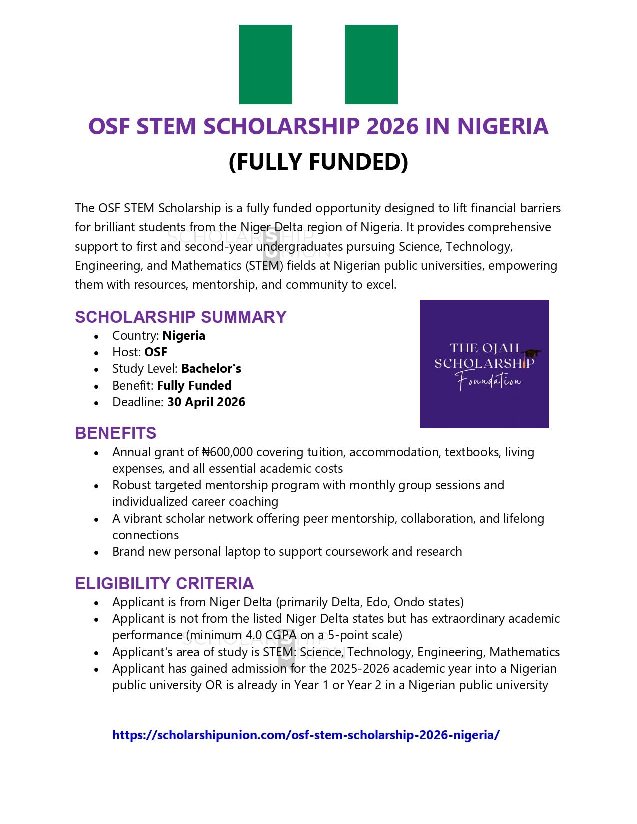 OSF STEM Scholarship 2026 in Nigeria