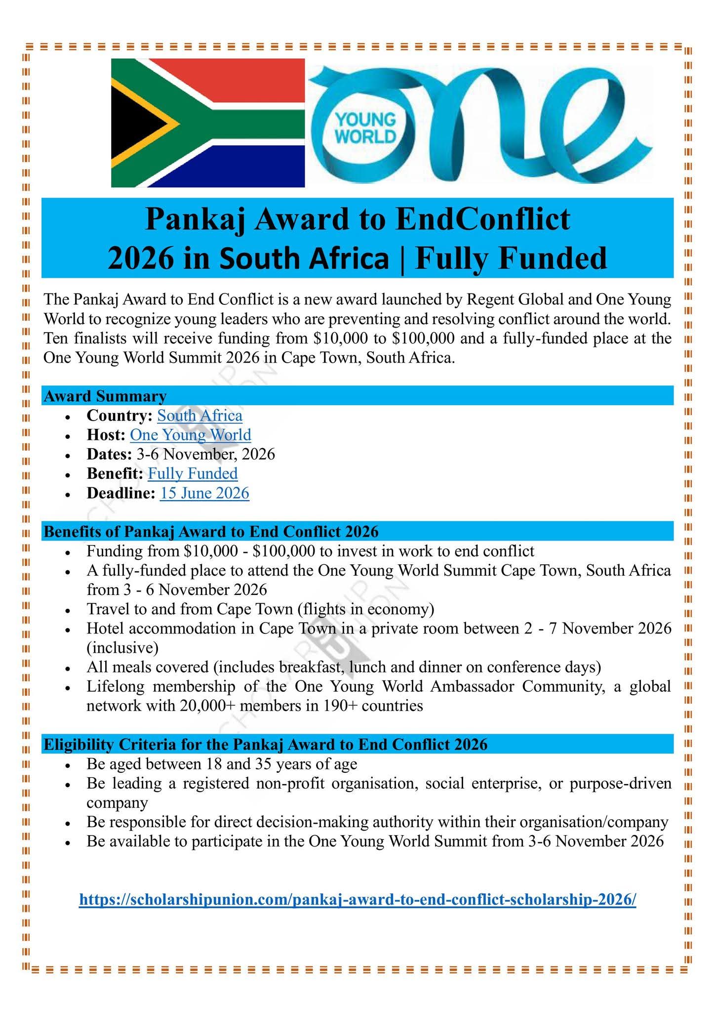 Pankaj Award to End Conflict 2026 in South Africa