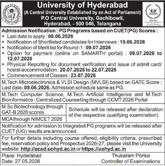 PG Programs Admission Notification 2026-27 at University of Hyderabad