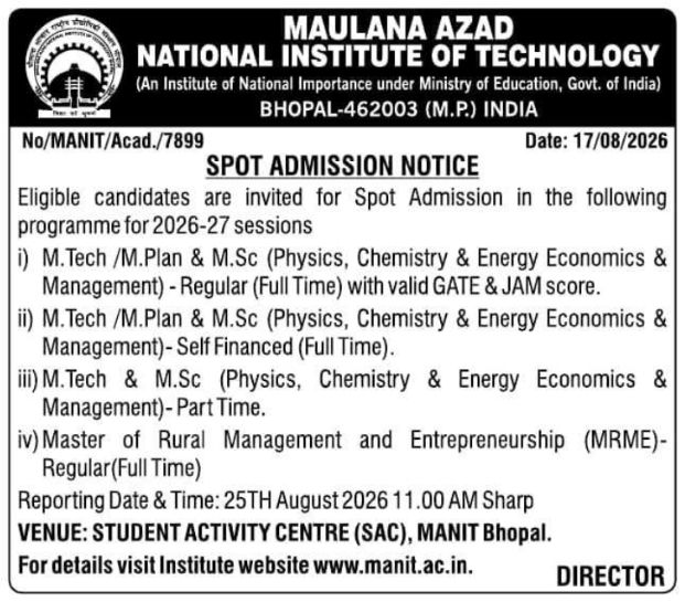 PG Programs Spot Admission Notice by MANIT Bhopal