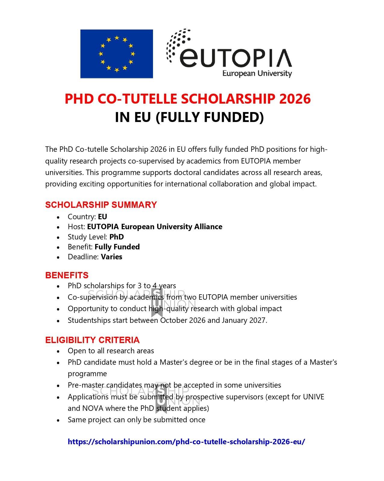 PhD Co-tutelle Scholarship 2026 in EU