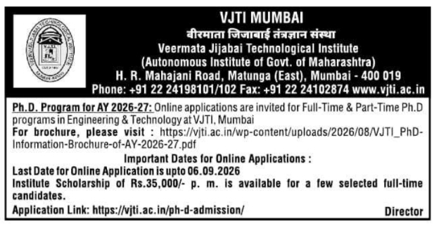 Ph.D. Program Admissions 2026-27 by VJTI Mumbai