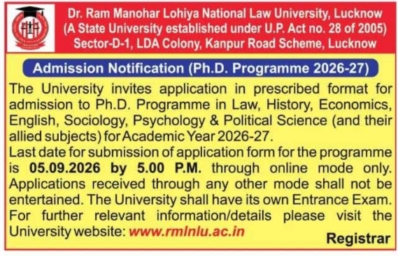 Ph.D. Programme Admission Notification 2026-27 by RMLNLU