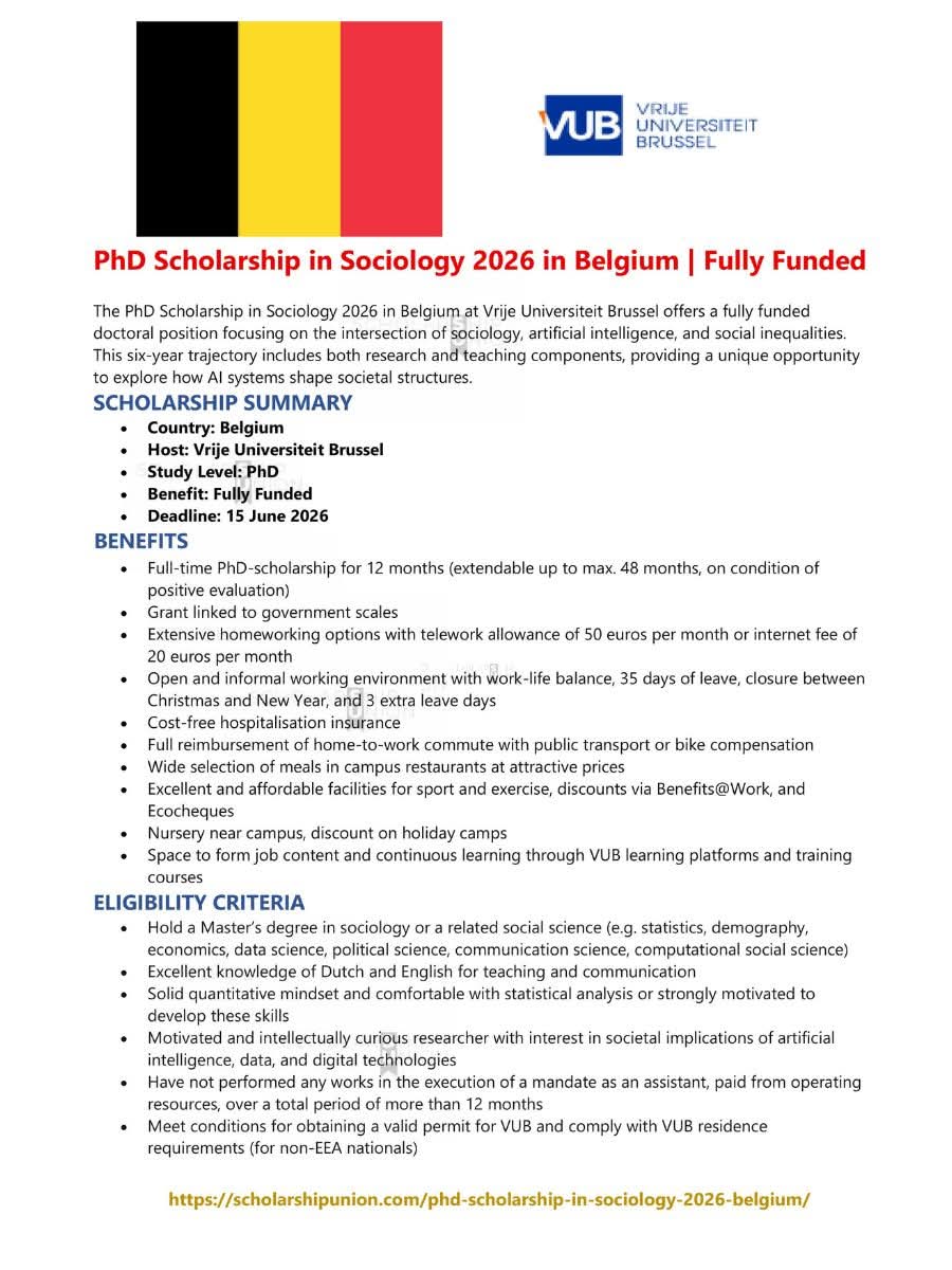 PhD Scholarship in Sociology 2026 in Belgium