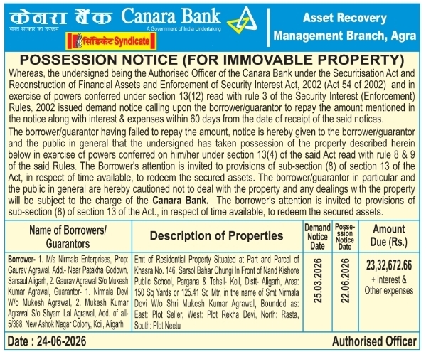 Possession Notice: Canara Bank Takes Property of M/s Nirmala Enterprises