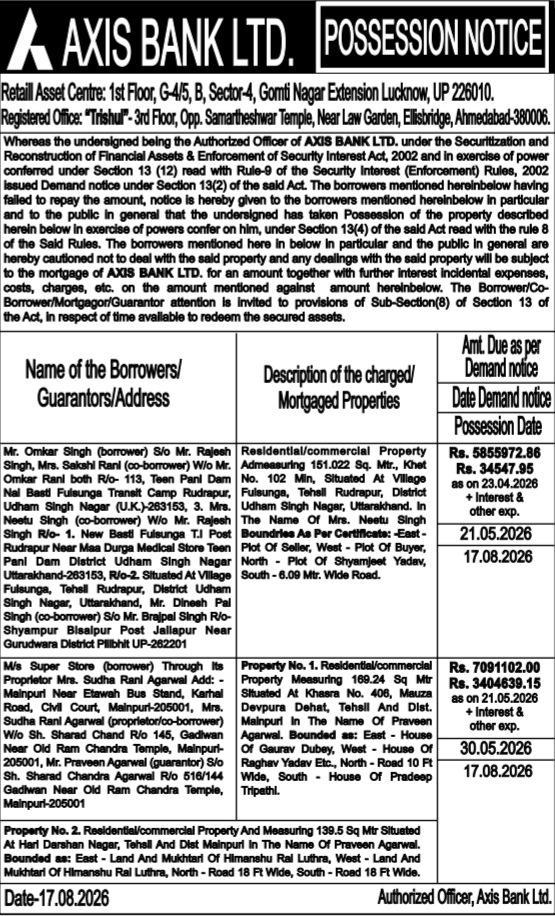 Possession Notice for Immovable Property by Axis Bank Limited