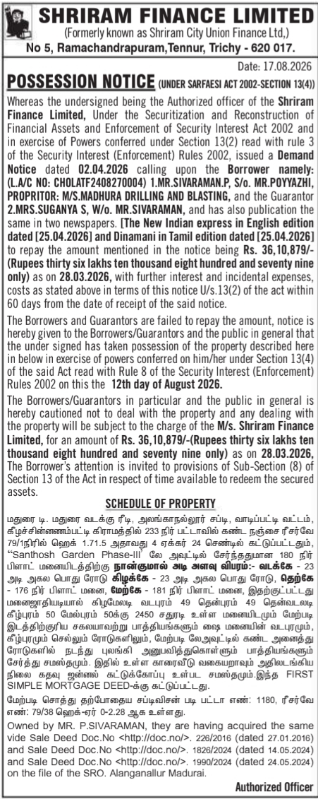 Possession Notice for Immovable Property by Shriram Finance Limited