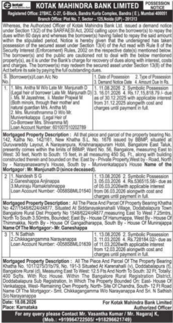 Possession Notice for Multiple Immovable Properties by Kotak Mahindra Bank