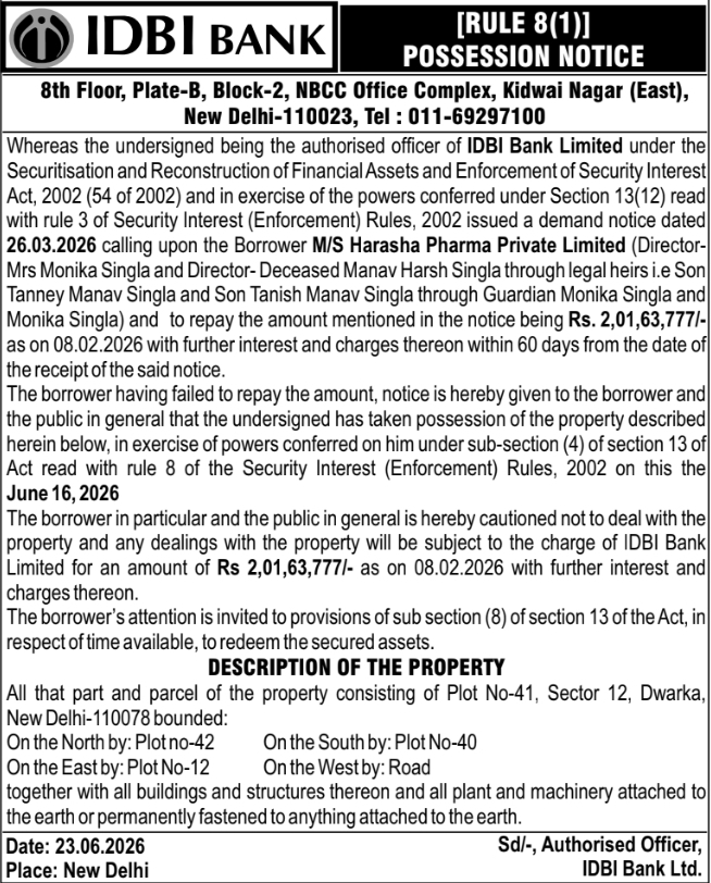 Possession Notice: Property Taken by IDBI Bank Ltd.