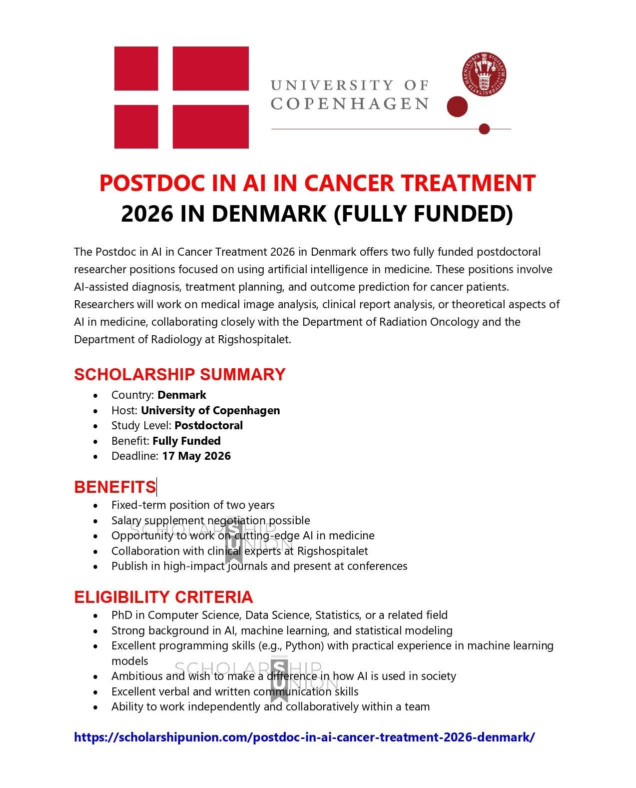 Postdoc in AI in Cancer Treatment 2026 in Denmark