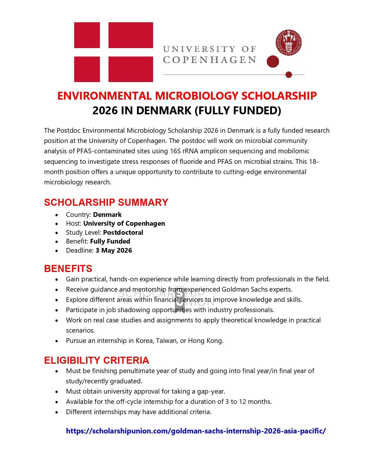 Postdoc of Environmental Microbiology Scholarship 2026 in Denmark