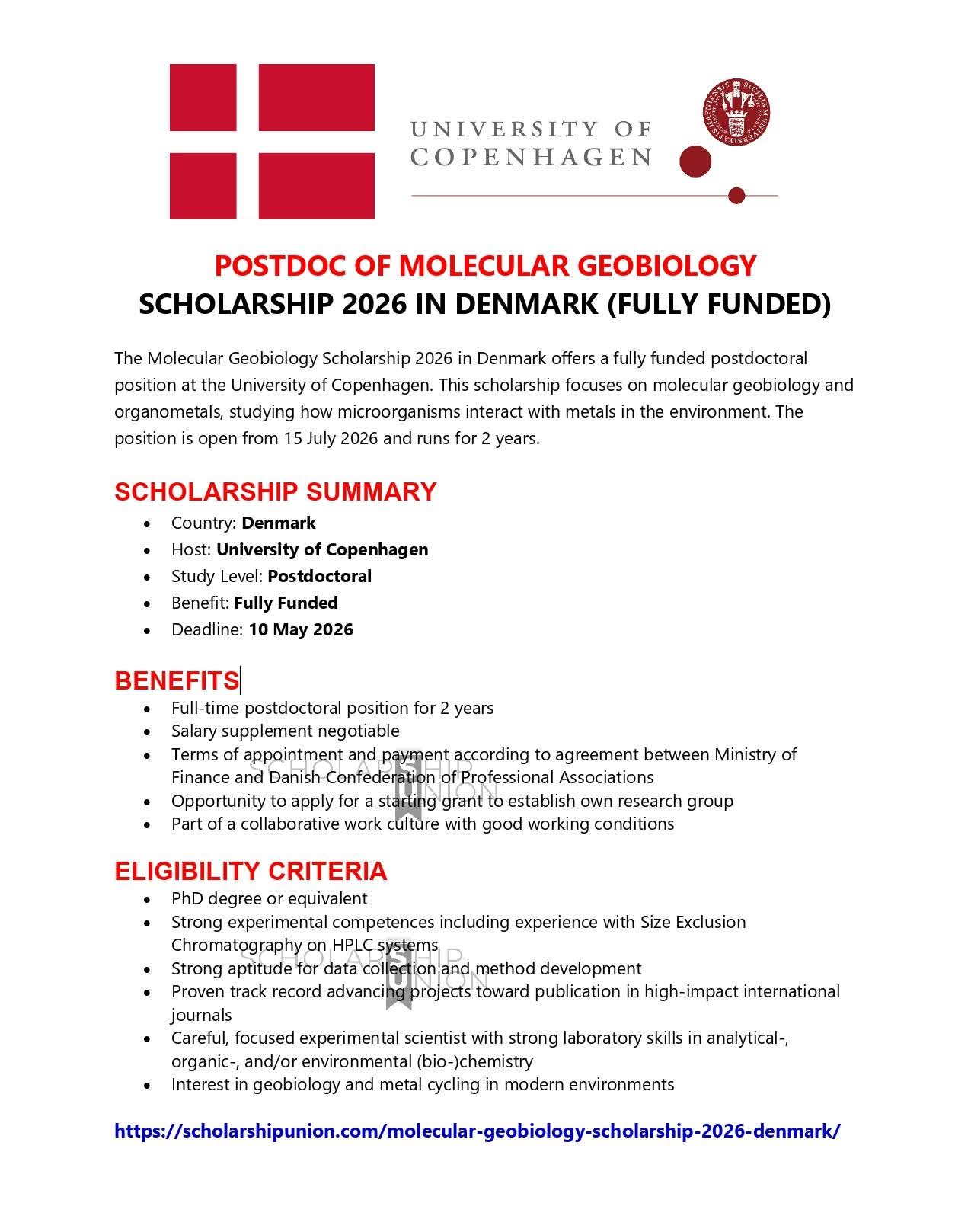 Postdoc of Molecular Geobiology Scholarship 2026 in Denmark
