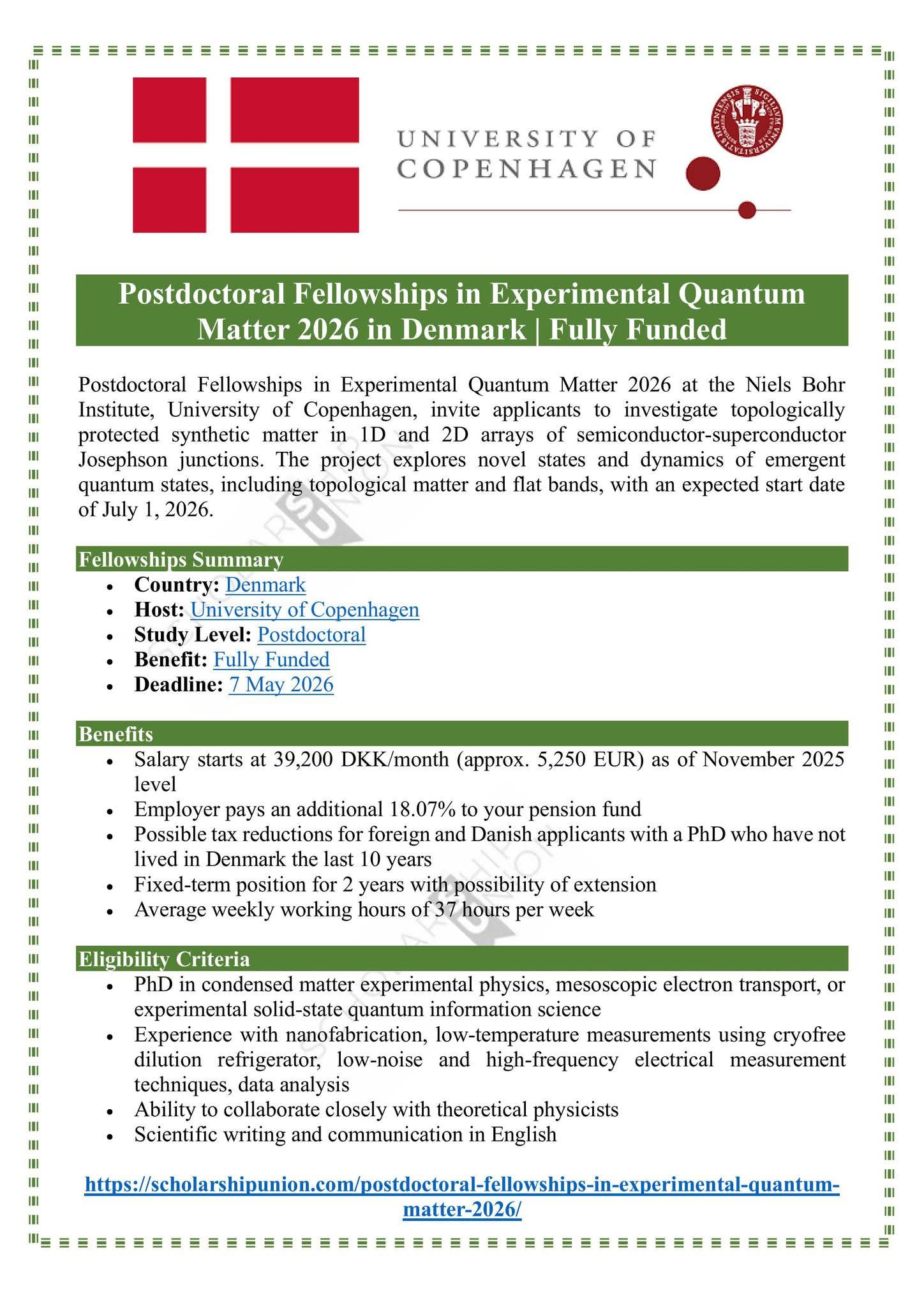Postdoctoral Fellowships in Experimental Quantum Matter 2026 in Denmark
