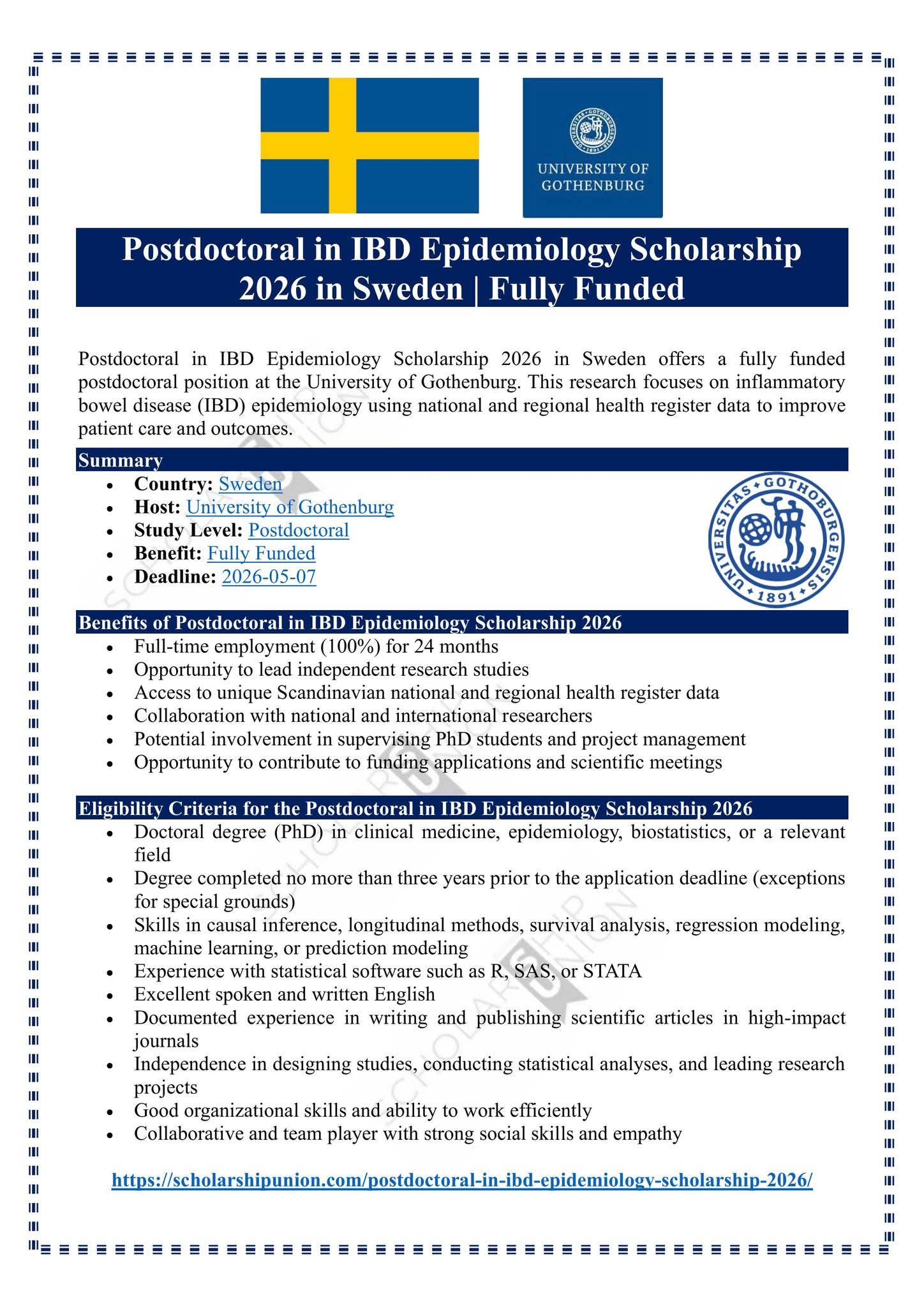 Postdoctoral in IBD Epidemiology Scholarship 2026 in Sweden