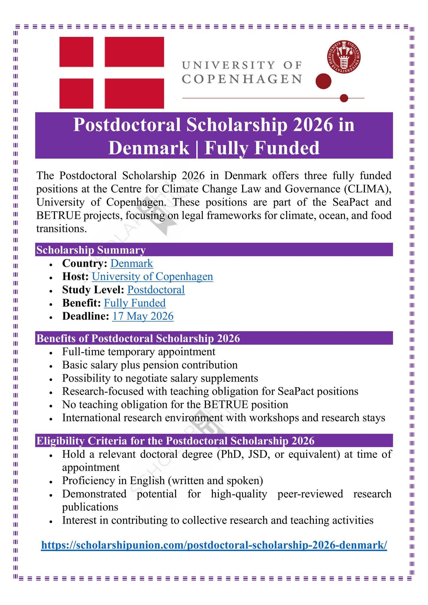 Postdoctoral Scholarship 2026 in Denmark