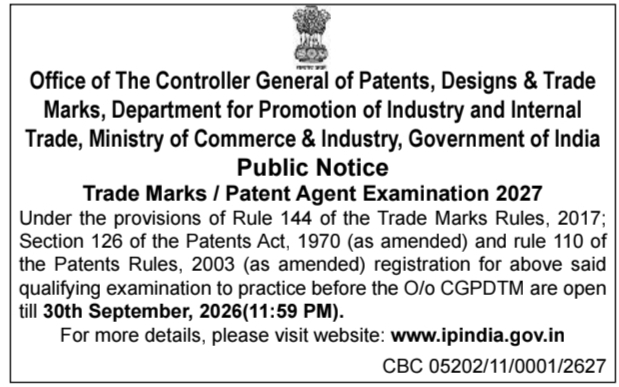 Public Notice for Trade Marks and Patent Agent Examination 2027 Registration