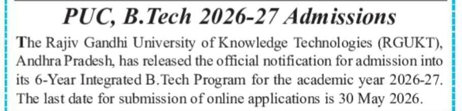 PUC and B.Tech 2026-27 Admissions Open at RGUKT Andhra Pradesh