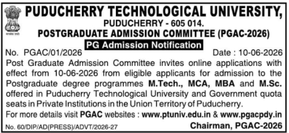 Puducherry Technological University PG Admission Notification 2026