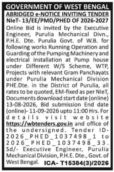 Pumping Machinery Operation and Guarding Tender by PHED