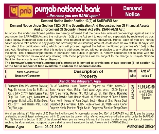Punjab National Bank Demand Notice for M/s Narendra Footwear