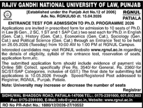 Pursue Your PhD at RGNUL Punjab! Admissions Open for 2026