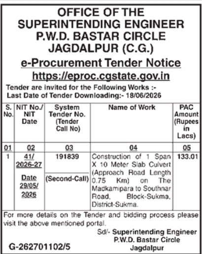 PWD Bastar Circle Sukma Slab Culvert Construction E-Tender Notice