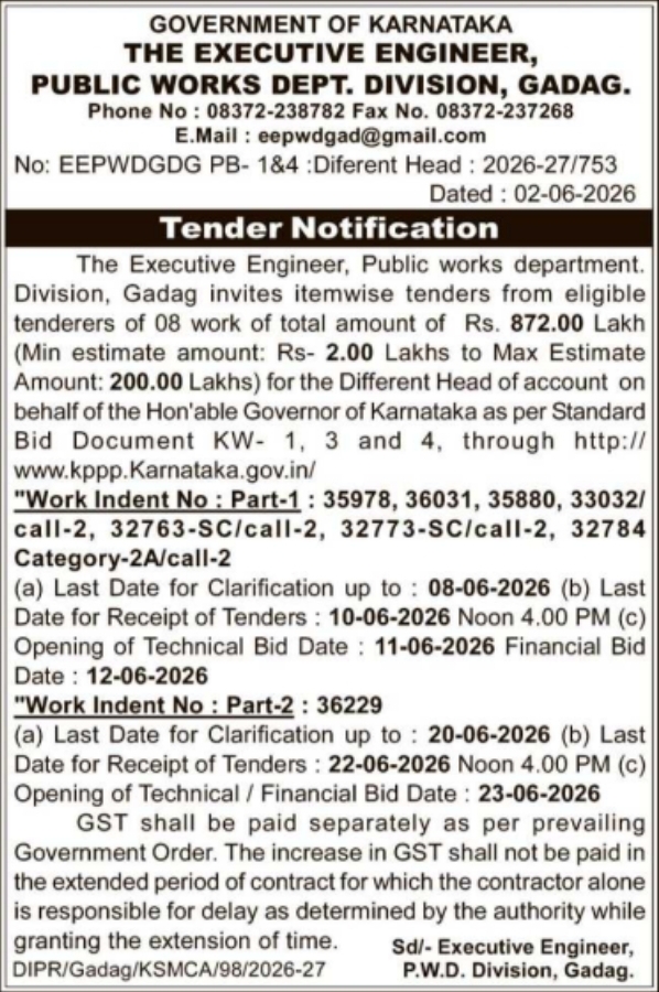 PWD Gadag: Tender Notification for 08 Public Works