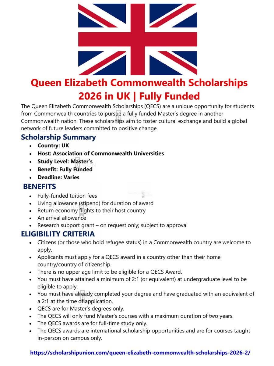 Queen Elizabeth Commonwealth Scholarships 2026 in UK