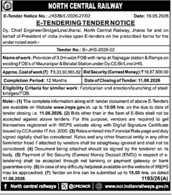 Railway E-Tender for Construction of FOB and Ramps under NCR Jhansi
