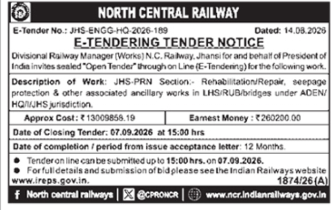 Railway Structural Rehabilitation E-Tender Notice by North Central Railway