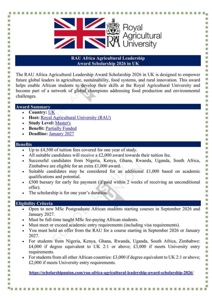RAU Africa Agricultural Leadership Award Scholarship 2026 in UK
