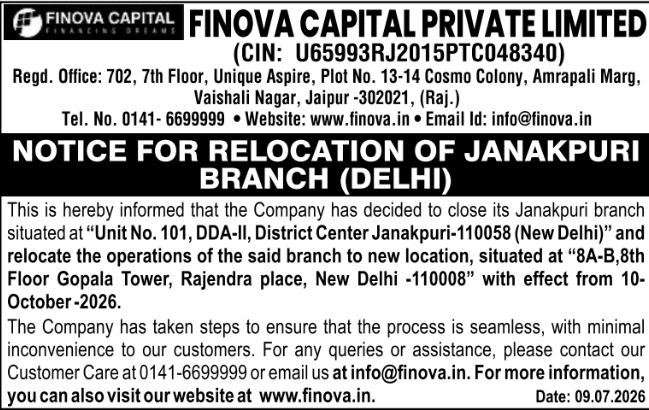 Relocation Notice: Janakpuri Branch, Finova Capital