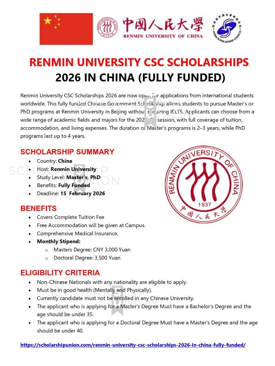 Renmin University CSC Scholarships 2026 in China
