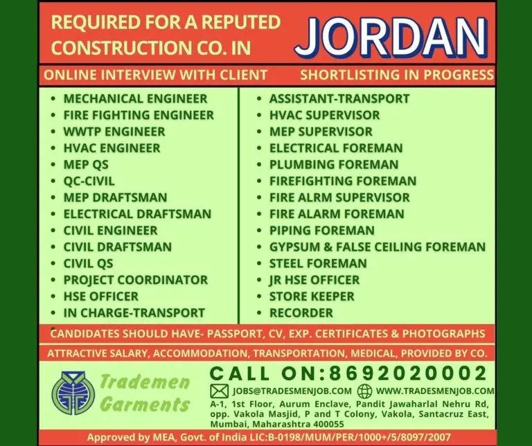 Reputed Construction Company Hiring In Jordan