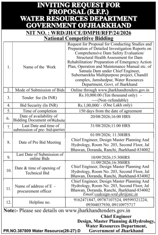 Request for Proposal for Dam Safety Evaluation by Government of Jharkhand