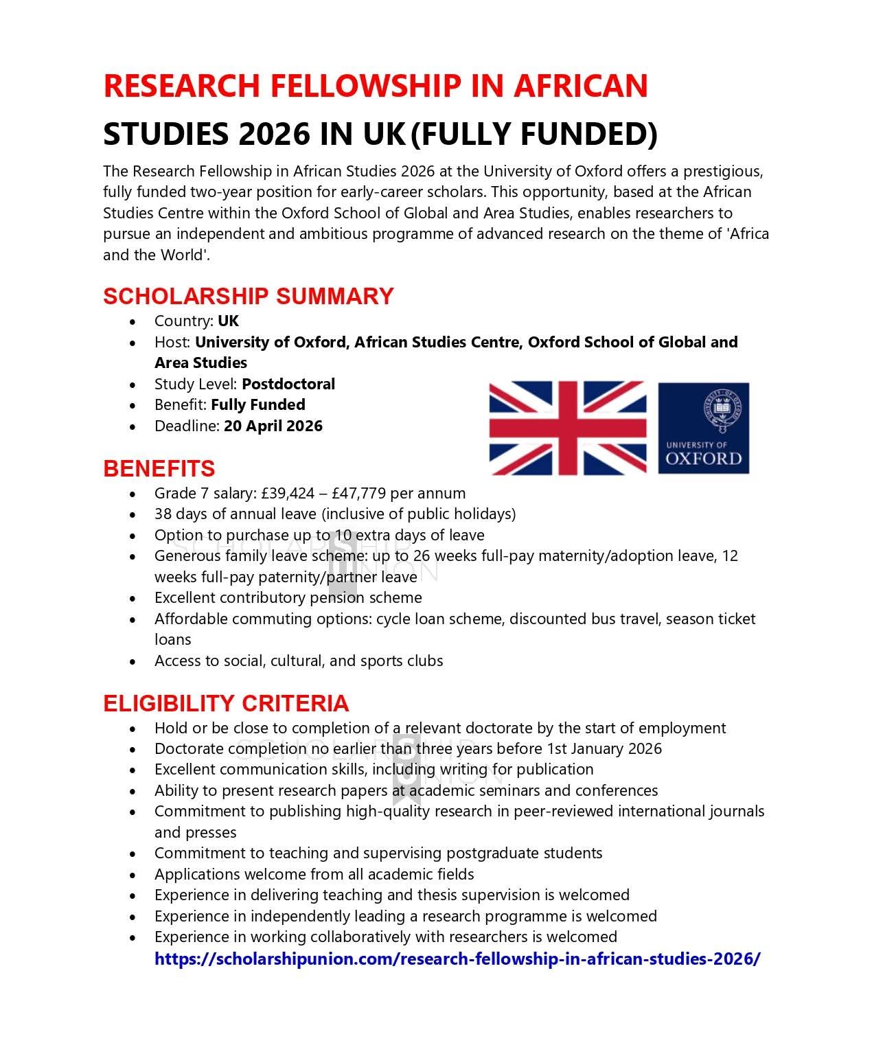 Research Fellowship in African Studies 2026 in UK