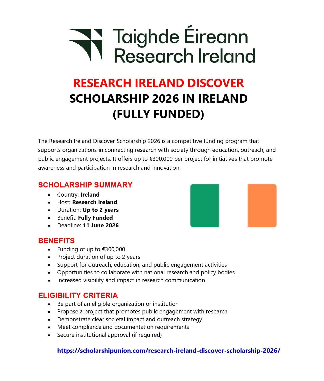 Research Ireland Discover Scholarship 2026 in Ireland