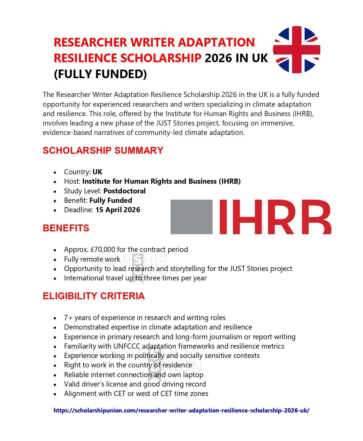 Researcher Writer Adaptation Resilience Scholarship 2026 in UK