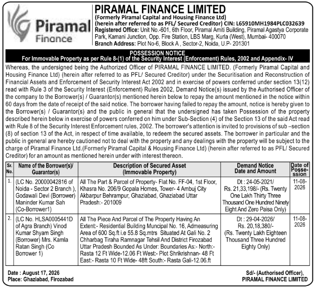 Residential Flats Possession Notice by Piramal Finance Limited